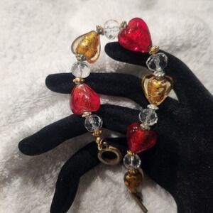 Red and Gold Glass Heart Beaded Bracelet Toggle Clasp mothers Jewelry